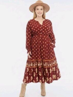 Wonderly Long Sleeve Peasant Boho Tiered Dress Long Sleeve Pockets L Maroon